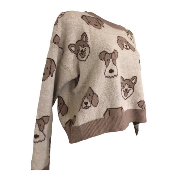 Beige cream brown adorable puppy dog face print long sleeve sweater size medium - Picture 4 of 16